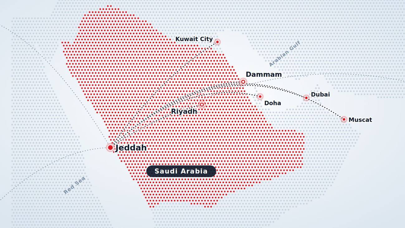 Map of transport lanes from Jeddah across Saudi Arabia and the GCC